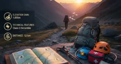 Trail difficulty, route descriptions, and recommended gear — distance, elevation, technical features, and safety tips