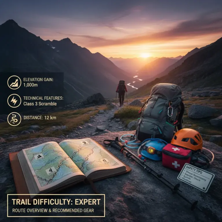 Trail difficulty, route descriptions, and recommended gear — distance, elevation, technical features, and safety tips