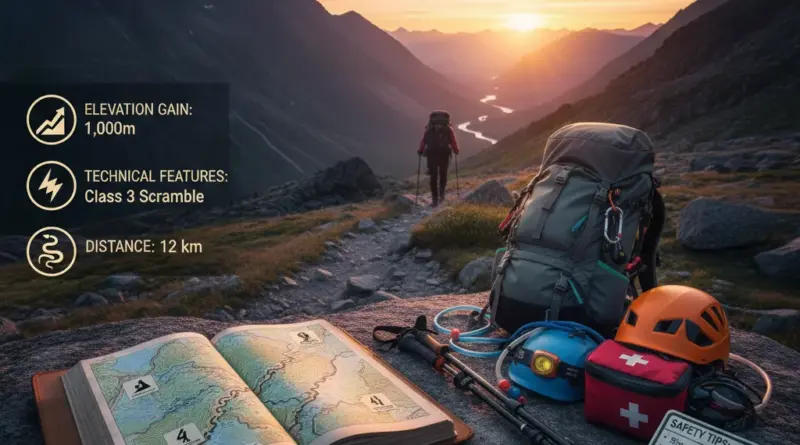 Trail difficulty, route descriptions, and recommended gear — distance, elevation, technical features, and safety tips