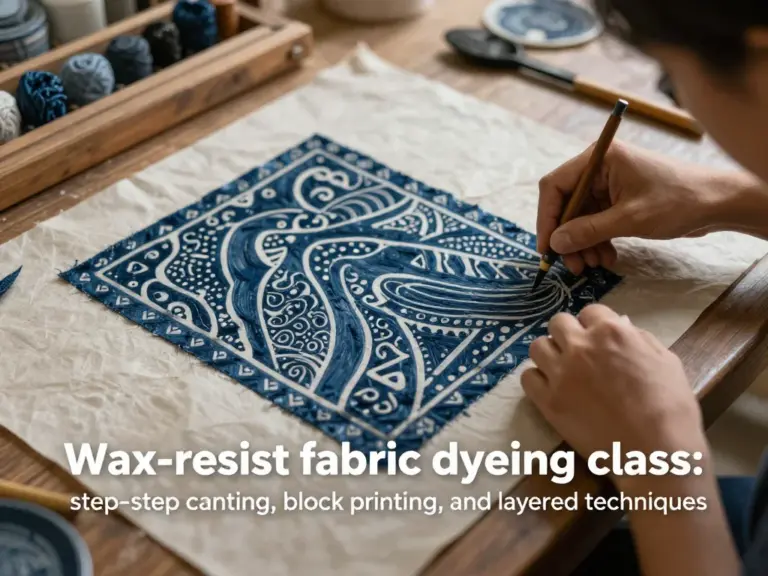 What wax-resist techniques taught in the class — step-by-step methods (canting, block printing, layering) and beginner tips