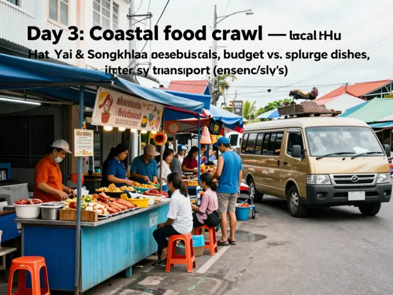 Day 3: Food Crawl and Practical Travel Tips — best local restaurants, seafood specialties, budget vs. splurge options, transport between Hat Yai and Songkhla, and safety/packing advice