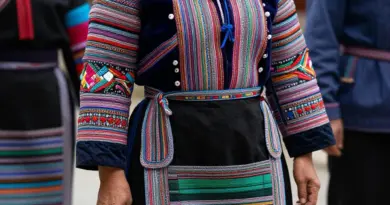 How do traditional Hmong costumes look and what do their symbols and fabrics mean?