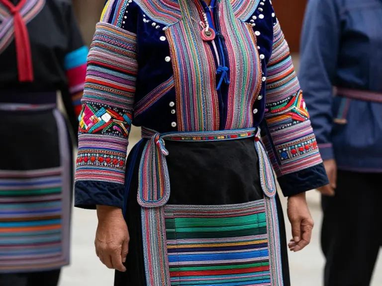 How do traditional Hmong costumes look and what do their symbols and fabrics mean?