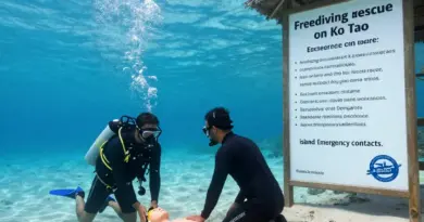 Rescue Skills and Buddy Procedures for Freediving Level 1 — recognizing distress, surface and submerged rescues, emergency response protocol, and local emergency contacts on Ko Tao
