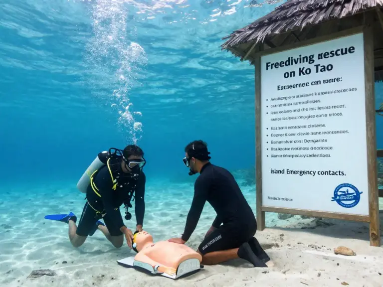 Rescue Skills and Buddy Procedures for Freediving Level 1 — recognizing distress, surface and submerged rescues, emergency response protocol, and local emergency contacts on Ko Tao