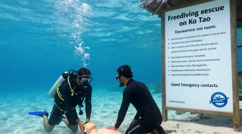 Rescue Skills and Buddy Procedures for Freediving Level 1 — recognizing distress, surface and submerged rescues, emergency response protocol, and local emergency contacts on Ko Tao