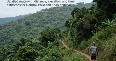 Trail overview and difficulty — detailed route descriptions, distance, elevation, and time estimates for Namtok Phlio and Khao Khitchakut