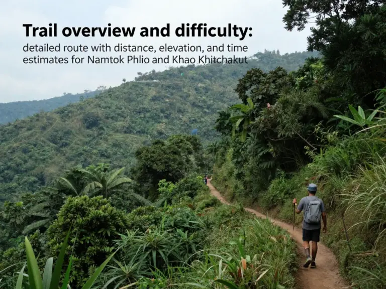 Trail overview and difficulty — detailed route descriptions, distance, elevation, and time estimates for Namtok Phlio and Khao Khitchakut
