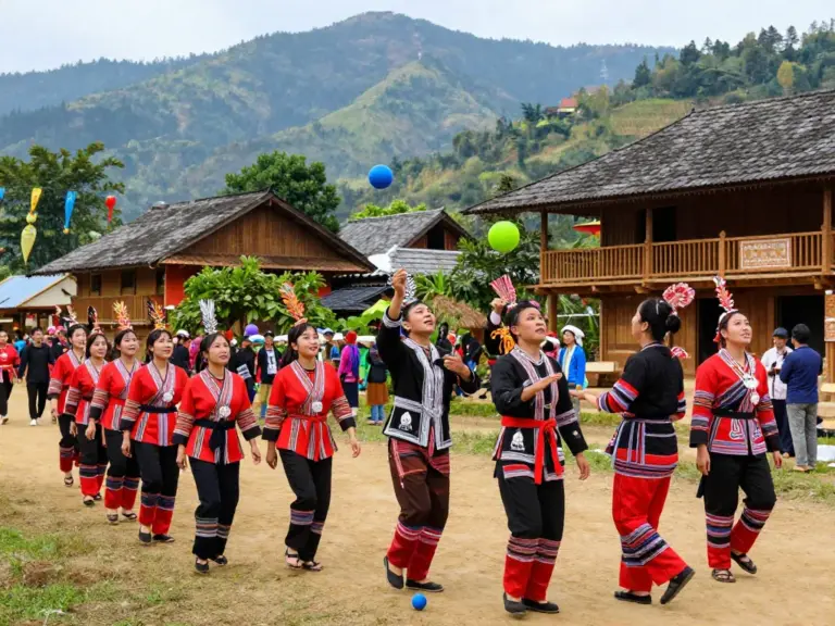Which traditional games and activities are played during Hmong New Year in Phetchabun (patrol, ball-toss, and courtship games)?