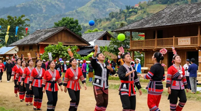 Which traditional games and activities are played during Hmong New Year in Phetchabun (patrol, ball-toss, and courtship games)?